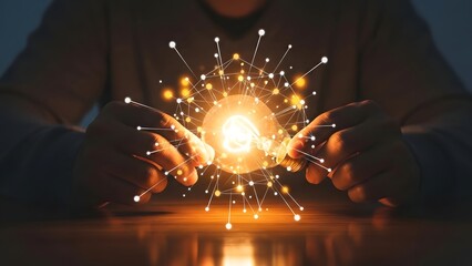 Two hands gently cradle a central glowing orb emitting a burst of bright, radiating light and particles.