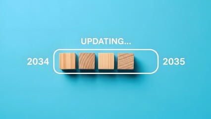Wooden blocks progress along a digital loading bar displaying "updating..." from 2034 to 2035 on a vibrant blue background.