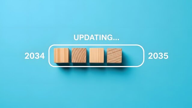 Wooden blocks progress along a digital loading bar displaying "updating..." from 2034 to 2035 on a vibrant blue background. - Powered by Adobe