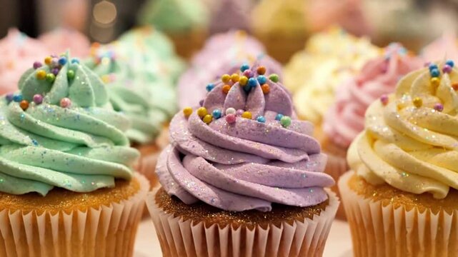 Cupcakes with pastel frosting arranged in rows