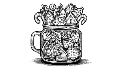 Hand-drawn illustration of a jar filled with Christmas cookies.