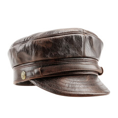 Stylish dark brown leather baker boy cap with a vintage distressed finish and decorative button