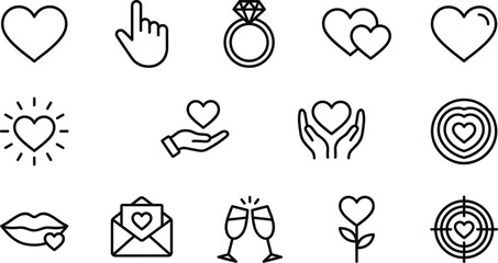 Love icons set line art heart romance wedding engagement dating ui app design minimal outline vector collection illustration symbol bundle
