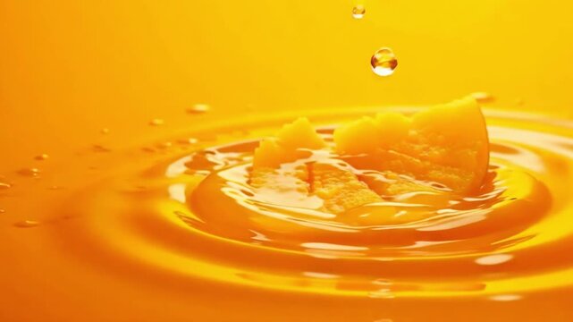 A vibrant close-up captures a refreshing slice of juicy orange fruit splashing dramatically into thick, bright orange liquid, creating dynamic ripples and perfect water droplets.