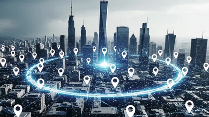 Global positioning system and location tracking overlay on modern cityscape with blue digital network, 4k high quality - Powered by Adobe