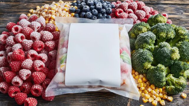Frozen berries and vegetables arranged with blank package on rustic surface