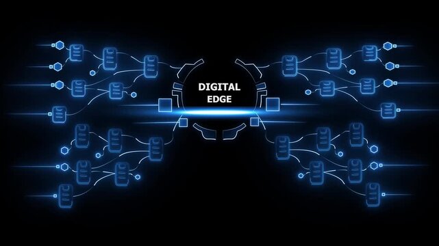 Futuristic network diagram with glowing blue lines and nodes displaying " DIGITALEDGE" in the center on a dark background