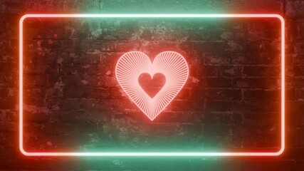 Neon heart sign inside glowing rectangle on brick wall with red and teal lights