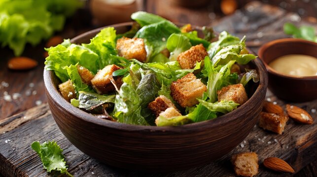 Fresh green salad with croutons, nuts, and creamy dressing in rustic wooden bowl
