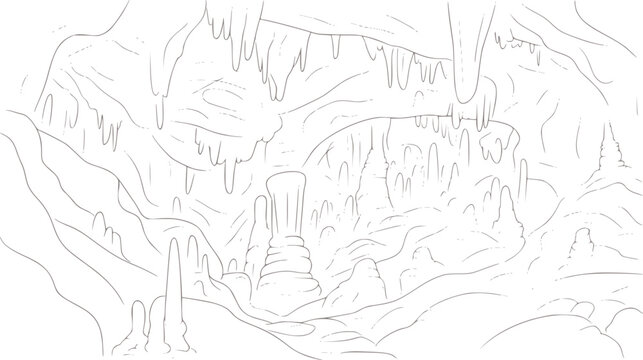 Black and line of layered stalactites and stalagmites in cave