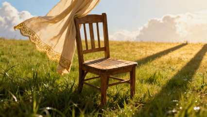 Grassland Wooden Chair & Scarf Sunset Light and Shadow Photography