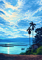 Vector of tropical beach with palm trees