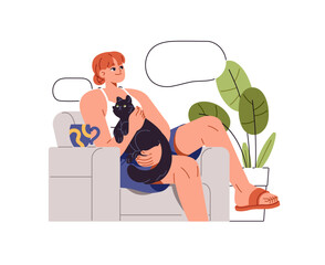 Happy thoughtful woman dreams with empty thought bubble. Dreamy thinking girl holds cat, sits in armchair. Smiling person is pondering wishes, imagines. Flat isolated vector illustration on white