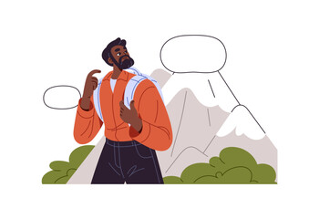 Pondering hiker with backpack is climbing mountain. Thoughtful man travels in nature. Thinking black person is hiking, dreams with empty thought bubbles. Flat isolated vector illustration on white