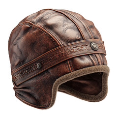 A vintage distressed brown leather aviator hat with fur lining and decorative details