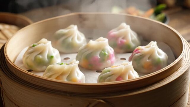 Steaming dumplings in bamboo steamer close up food photography