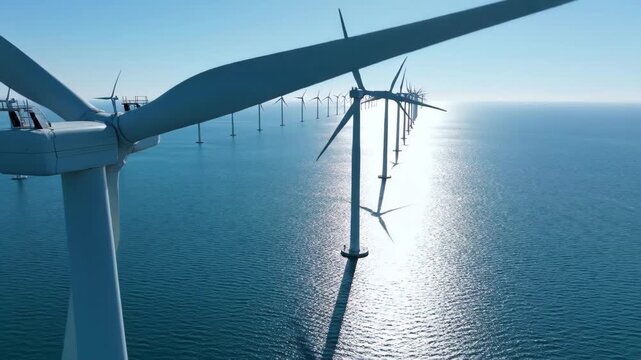 Closeup aerial view of offshore wind turbines generating clean energy over sparkling blue ocean water under a clear sky, 4k high quality