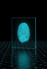 Glowing cyan fingerprint on floating glass plate