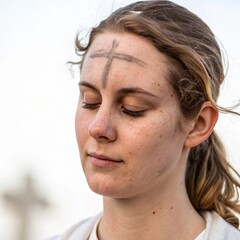 Fototapeta premium Spiritual Serenity: A portrait of a woman with a cross marked on her forehead, eyes gently closed in contemplative prayer, embodying the essence of faith and introspection.