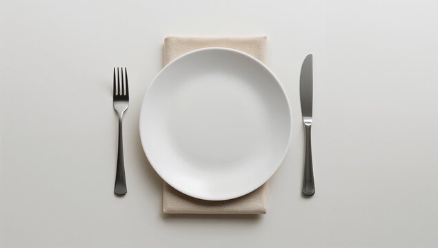 Minimalist overhead view of a clean white dinner plate centered over a small beige cloth napkin flanked precisely by a silver fork on the left and a sharp knife on the right