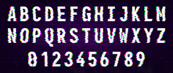 HACKED Cyber Pixel Noise RGB Glitch Type Font. Alphabet Letters Isolated on Black Background. Distorted Glitched Pixels Effect Letters and Digits. Cyberpunk Style Error Font Vector Illustration. © ec0de