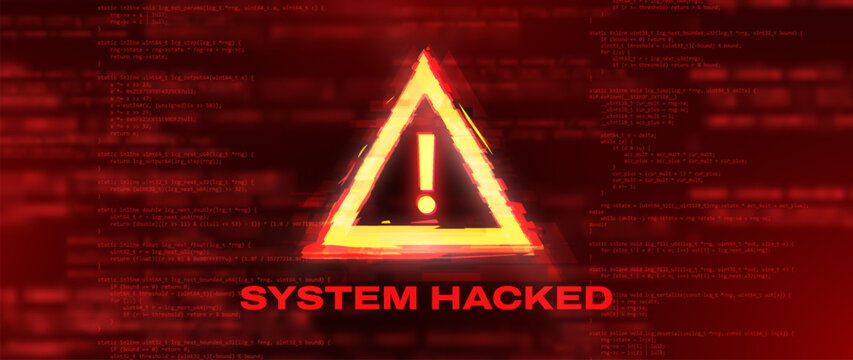 System Hacked Error Dark Red Glitched Background. Digital Scam, Fraud, Computer Virus, Malware, Ransomware, Data Breach Concept. Vector Illustration.