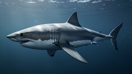 Fototapeta premium Mako shark swimming in deep blue ocean water with sunlight
