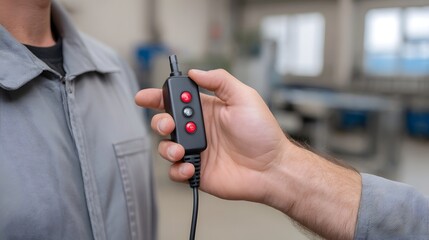 Hand holding a professional electronic testing device with red buttons in an industrial setting