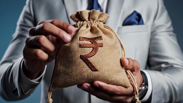 Businessman in light grey suit holding a money bag with indian rupee symbol, 4k high quality