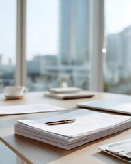 
Finance folder placed on office table with documents and pen, clean professional workspace, soft daylight
