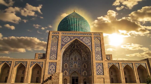 Ornate entrance of a historic islamic building with blue tiled iwan and turquoise dome against a dramatic sunset sky, 4k high quality