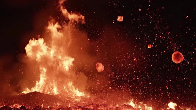Explosion of molten lava and ejected incandescent volcanic bombs against a dark sky, 4k high quality