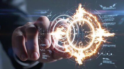 Futuristic hand interacting with glowing orange and blue digital hud interface technology, 4k high quality - Powered by Adobe