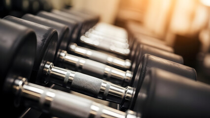 Close up of adjustable dumbbells in a gym setting with blurred background