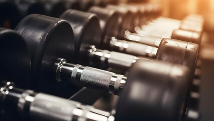 A row of dumbbells in a gym setting with varying weights and a warm lighting effect