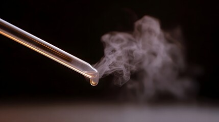 Close up of a glass pipette tip releasing a liquid droplet generating a visible plume of steam and vapor in a dark atmospheric laboratory setting
