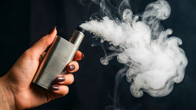 A person holding a brushed metal vape mod device, exhaling thick, swirling clouds of white vapor against a dark backdrop in a dramatic close-up shot.
