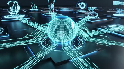 Digital data sphere with encrypted characters in a tunnel of abstract light and information flow, 4k high quality - Powered by Adobe