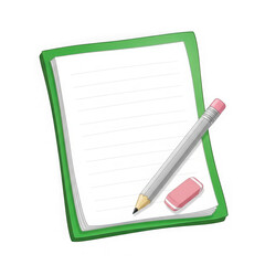Naklejka premium Green notepad with pencil and eraser on transparent background