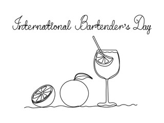 International Bartender's Day. Greeting card. Abstract cocktail glass with a straw and an orange, continuous single one line art hand drawing sketch logo on white background
