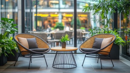 Two Wicker Chairs Facing Each Other With A Small Table