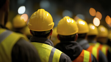 Construction worker safety helmet high visibility vest hardhat team industry night crowd back view uniform protective gear Construction worker
