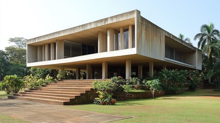 Fototapeta premium Modernist Architecture: Concrete House in Lush Tropical Landscape