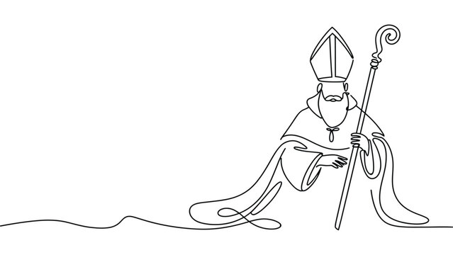  Minimal continuous line art illustration of saint nicholas bishop holding pastoral staff representing orthodox christian faith tradition spirituality and religious heritage isolated on white