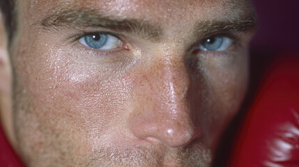 Male boxer closeup sweaty face blue eyes red glove focus determination strength sport training intensity