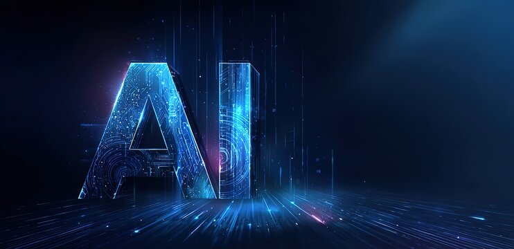 Futuristic Glowing AI Text on Tech Background, Ideal for tech conference visuals, AI industry marketing materials, sci-fi design assets, innovation presentation slides.