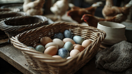 Egg basket farm table hens rustic wicker farm egg chicken poultry food organic fresh rustic countryside hen basket table kitchen rustic wood still