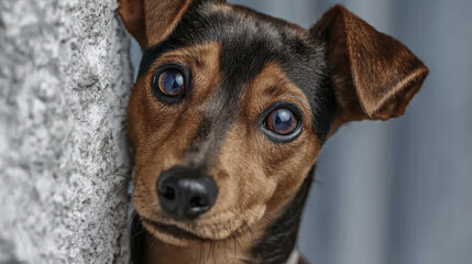 Curious dog face puppy pet brown fur blue eye close up portrait wall texture alert expression animal canine indoor detail whisker nose ear short