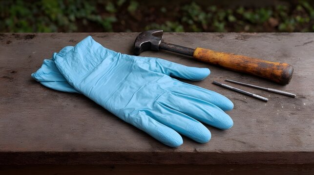 Blue disposable nitrile gloves rest beside a hammer and metal pins on a weathered rustic wooden bench outdoors - Powered by Adobe