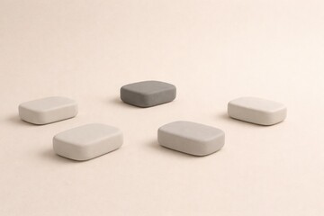 Asymmetric layout of five matte horizontal 3D blocks on soft beige background, distributed system structure with equal modular elements, premium SaaS or enterprise visual